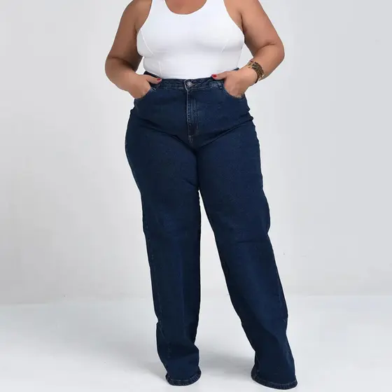 Calça Consciência Jeans Wide Leg Plus Size Feminina Cintura Alta Básica 28006 Escura