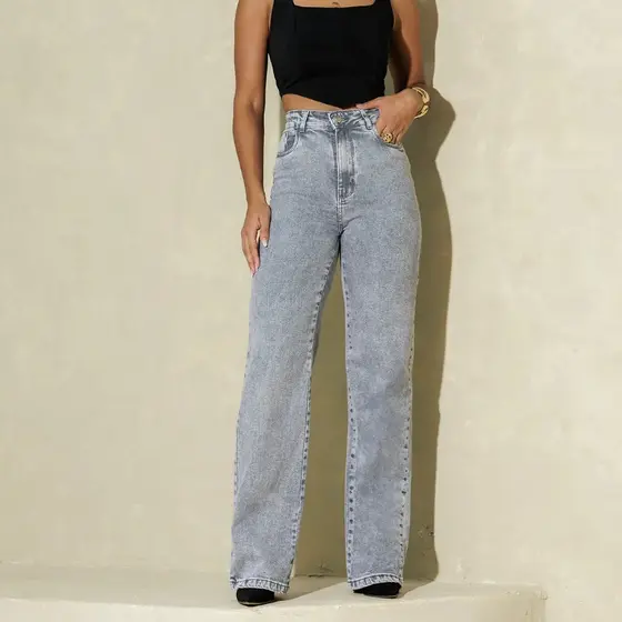 Calça Consciência Jeans Wide Leg Feminina Cintura Alta Básica com Elastano 28000 Cinza