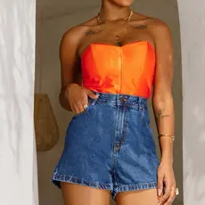 Shorts Consciência Jeans Mom Soltinho Feminino Cintura Alta Básico 70101 Escuro