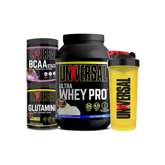 Kit Ultra Whey Pro 900g + Glutamina + BCAA Stack 300g + Coqueteleira - Universal