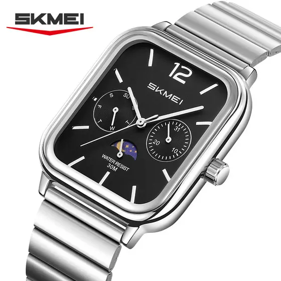 SKMEI 2509 Relógio De Quartzo De Luxo Masculino Sol Lua Ponto Relógio De Aço Inoxidável Impermeável