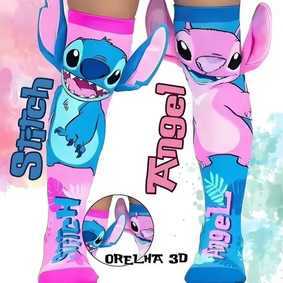 Meia Stitch Cano Alto Cartoon Desenho Animado Algodão Meia Maluca Infantil Cosplay