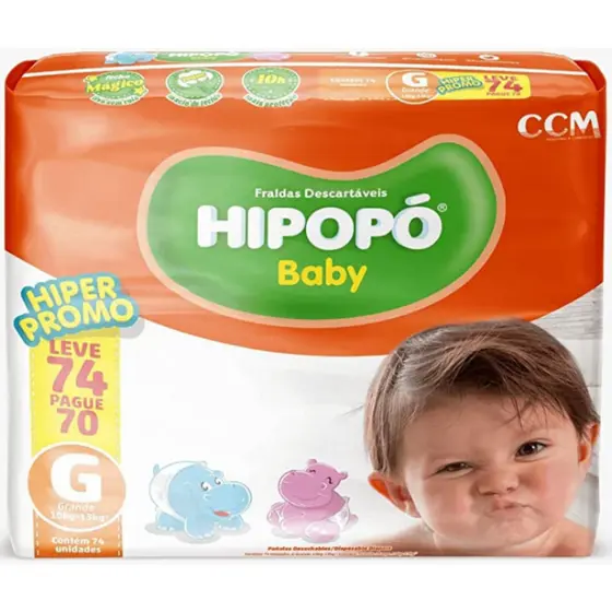 Fralda Hipopó Baby Hiper Tamanho G - 74 Unidades - Proteção 10h