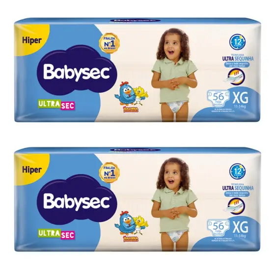 Kit 2 Fraldas Babysec Hiper Tamanho XG - 112 Unidades (11 a 14 Kg)