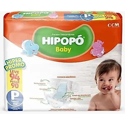Fralda Hipopó Baby Hiper Tamanho P - 94 Unidades - 10h de Proteção