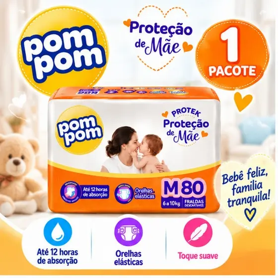Fralda Pom Pom Derma Protek Hiper Tamanho M - 80 Unidades - Pele Hidratada