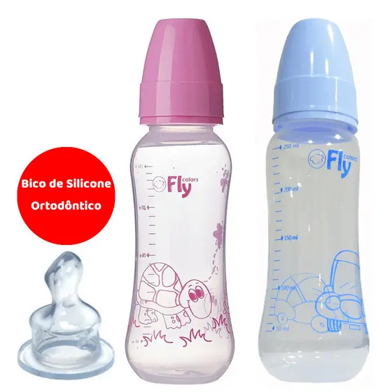 Mamadeira Fly Colors 250ml Bico Silicone Ortodôntico - Livre de BPA