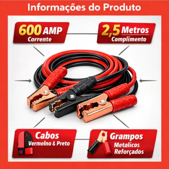 Kit 2 Cabos Para Recarga de Bateria Automotiva 600 AMP 2,5 Metros Chupeta para Carros