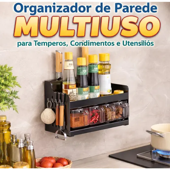 Suporte Organizador de Parede Multiuso para Cozinha Porta Temperos, Condimentos Utensílios Sem Furos