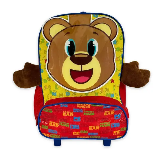 Mochila Escolar Infantil Ursinho Rodinhas Facil Transporte Amarela Vermelha Colorida