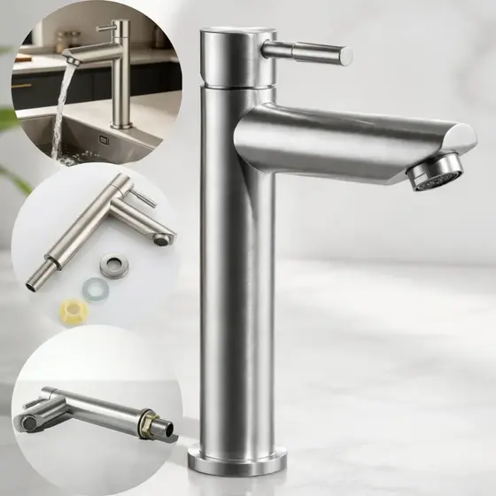 Torneira Fria Simples 304 Inox Bancada para Banheiro Lavatório