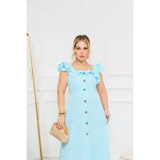 VESTIDO FEMININA LONGA COM ALÇA BABADONA FRENTE COM DETALHES DE BOTÕES