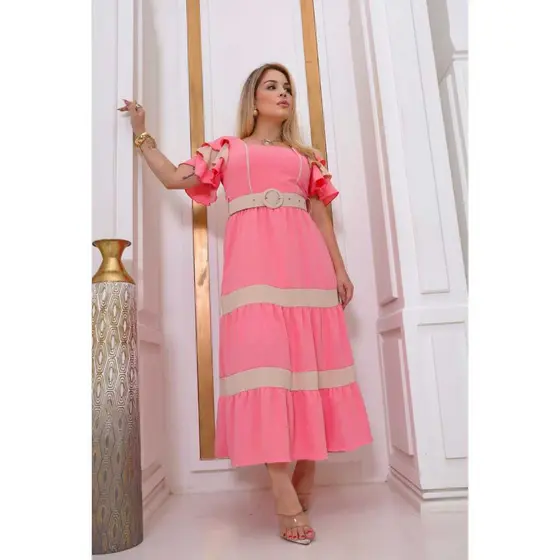 Vestido  Elegante Longo 3 Marias Listrado Com Cinto y Forro Feito em Tecido Duna Leve e Soltinho Evangélico Clássico