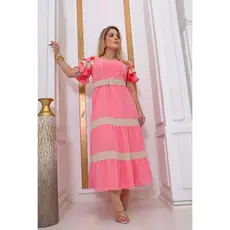 Vestido  Elegante Longo 3 Marias Listrado Com Cinto y Forro Feito em Tecido Duna Leve e Soltinho Evangélico Clássico