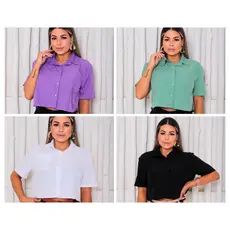 Camisa Feminina Cropped Manga Curta com Botões Frontais - Casual e Elegante
