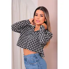 Camisa Cropped Xadrez Feminino Manga Longa em Crepinho com Botões Frontais - Moda Elegante