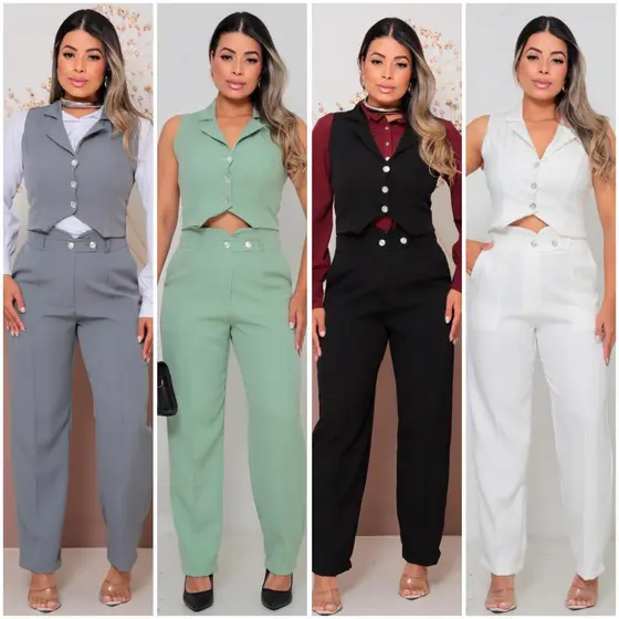 CONJUNTO ALFAIATARIA COLETE CALÇA ELEGANTE  COM DETALHES NA CINTURA E BOTÕES