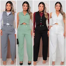 CONJUNTO ALFAIATARIA COLETE CALÇA ELEGANTE  COM DETALHES NA CINTURA E BOTÕES