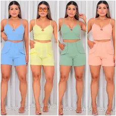 CONJUNTO CROPED Y SHORTS ELEGANTE EM ALFAIATARIA COM DETALHES DE BOTÕES