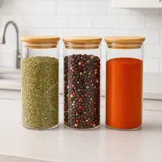 Kit potes de vidro 500ml tampa de bambu herméticos redondos