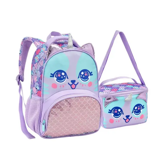Kit Mochila Costas Lancheira Gatinha Panda Escolar Meninas