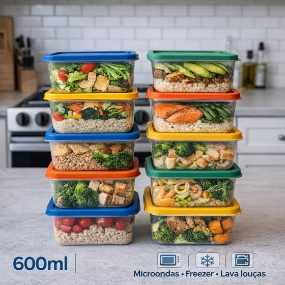 Potes Marmita Fitness 600ml Reutilizável Transparentes BPA FREE Freezer Microondas Organizador