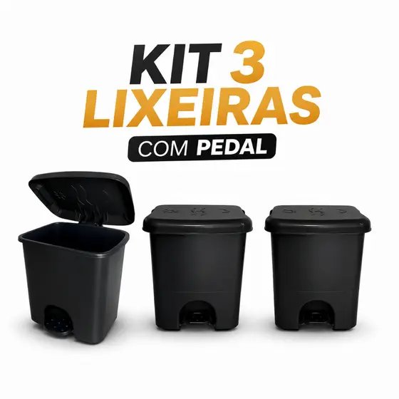 Kit 3 Lixeira com pedal Cozinha Banheiro Escritório 14 litros Preta