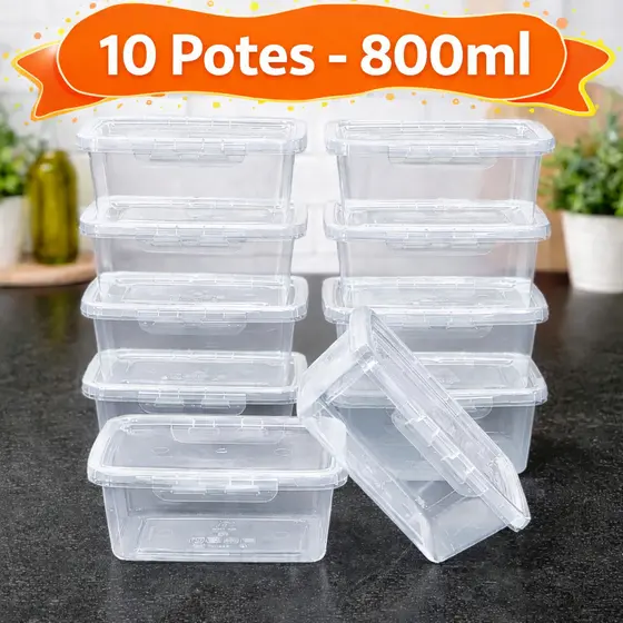 Kit 10 Marmitas 800ml Herméticas BPA Free Travas Laterais Fitness