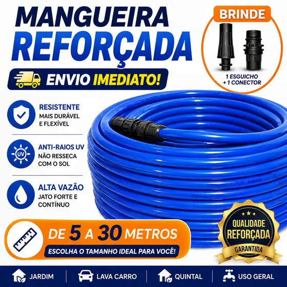 Mangueira Jardim Reforçada Completa com Esguicho + Conector Alta Pressão 5 a 30 Metros