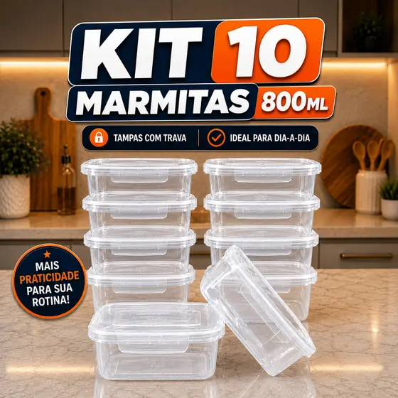 Kit 10 Potes Marmitas 800ml C/ Trava Vasilhas transparentes BPA FREE reutilizável cozinha microondas
