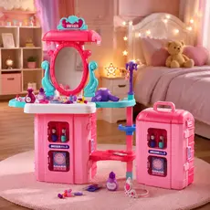 Brinquedo Infantil Completo Menina 3 Em 1 Penteadeira Bancada Mala Acessórios Secador Espelho Tiara