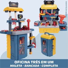Brinquedo Kit Oficina Ferramentas Infantil Parafusadeira Martelo Maleta Bancada Portátil Engenheiro
