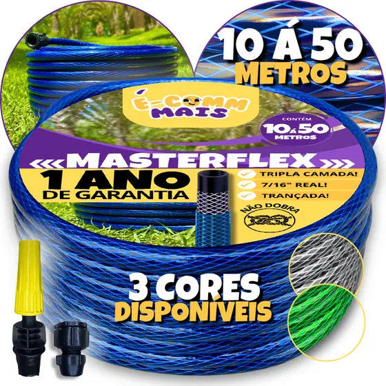 Kit Mangueira de Jardim trançada com Esguicho, Conector 10m à 50m 7/16 Trançada Antitorção Não dobra