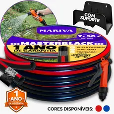 Mangueira Tripla Camada Preta com Suporte e Gatilho, 7/16, 7m á 50m, Reforçada, Trançada, Resistente