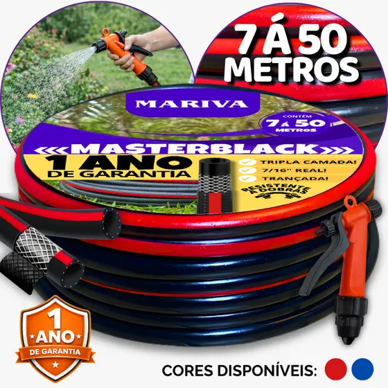 Mangueira Tripla Camada Preta com Tarja e Gatilho 7/16 - 7m á 50m - Reforçada, Trançada, Resistente