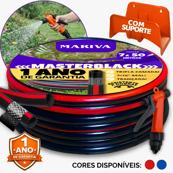 Mangueira Tripla Camada Preta com Suporte e Gatilho, 7/16, 7m á 50m, Reforçada, Trançada, Resistente