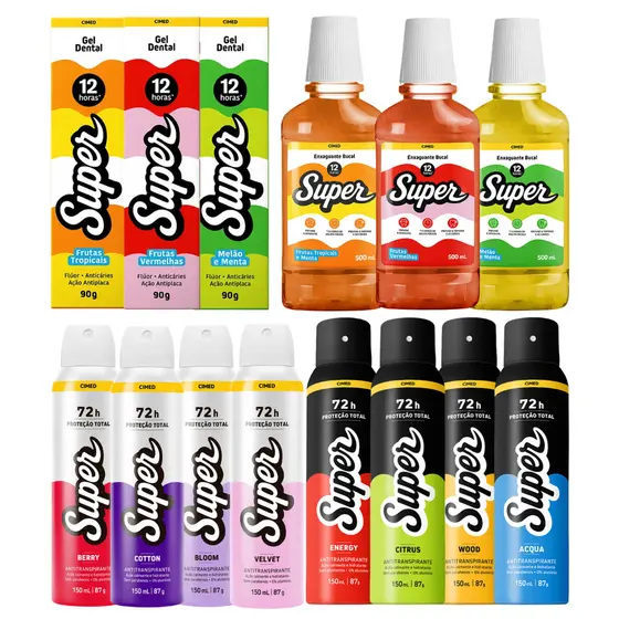 Linha Super Cimed Gel Dental 90g, Enxaguante Bucal 500ml, Desodorantes Masculino e Feminino 150ml