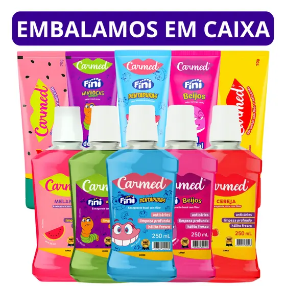 Enxaguante Bucal e Gel Dental Minhocas, Dentaduras, Beijos, Melancia e Cereja Carmed Fini Cimed