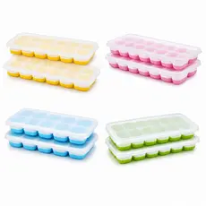 Kit 2 Formas de Gelo Silicone com Tampa Rígida Flexível Fundo 14 Cubos Retangular Multiuso Lavável
