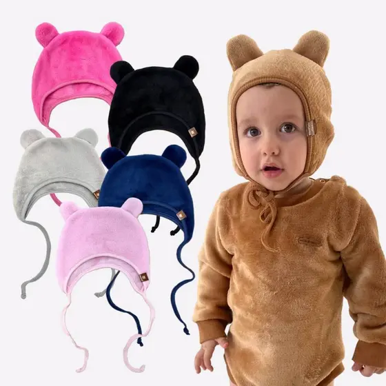 Touca Fleece Lisa Peluciada Quentinha Infantil Inverno Bebê Ursinho Urso Orelinhas