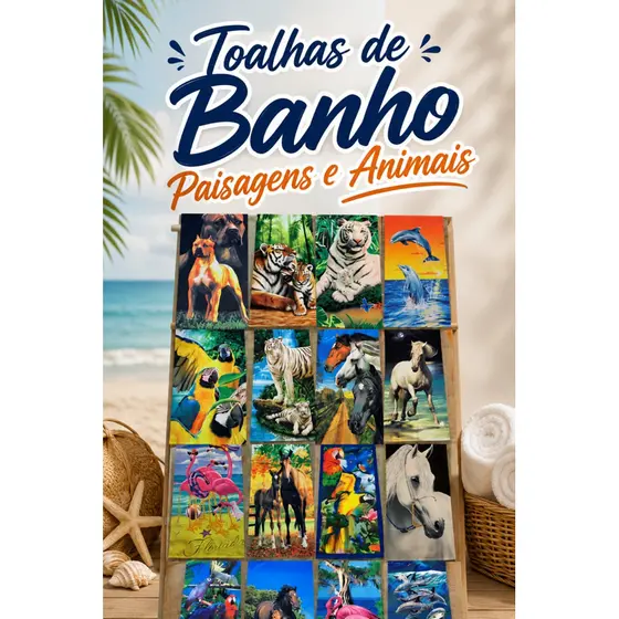 Toalha de Banho e Praia Estampada Animais Paisagens Bichos Unissex 70x140cm Macia Alta Absorção
