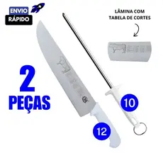 Kit 2 Peças Faca Profissional Açougueiro 12" + Chaira 10" Profissional Estriada Afiador em Aço Inox