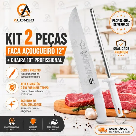 Kit 2 Peças Faca Profissional Açougueiro 12" + Chaira 10" Profissional Estriada Afiador Aço Inox
