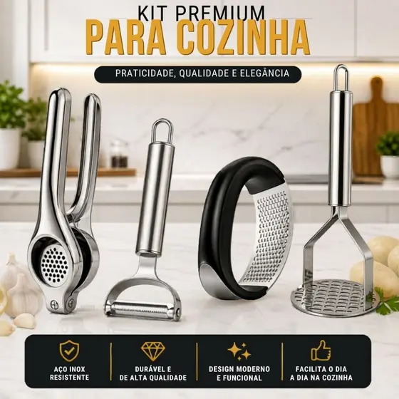 Kit de Cozinha em Aço Inox Espremedor  de Limão Descascador Legumes Amassador de alho e Batata