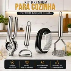 Kit de Cozinha em Aço Inox Espremedor  de Limão Descascador Legumes Amassador de alho e Batata