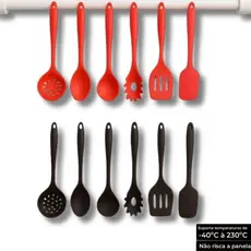 Kit 6 Utensílios para Cozinha de Silicone Colher Espátula Concha  Antiaderente Preto e Vermelho