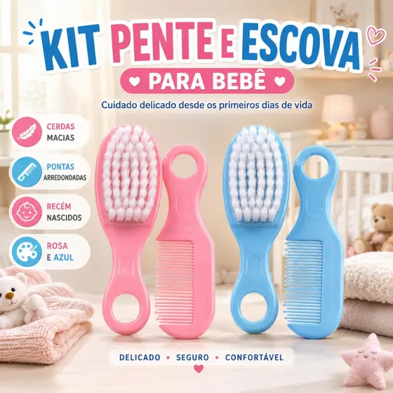 Kit Escova e Pente para Bebê Recém-Nascido Cerdas Macias Pontas Arredondadas Infantil