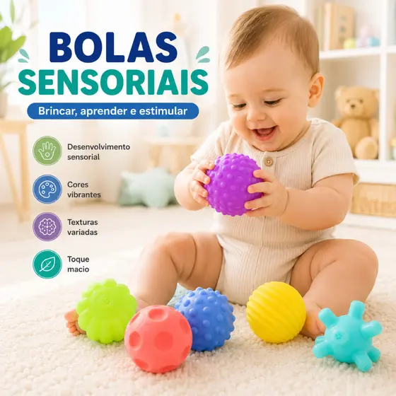 Kit 6 Bolas Sensoriais Montessori Baby Touch Ball Brinquedo Educativo Tátil para Bebê Banho Mordedor Coordenação Motora