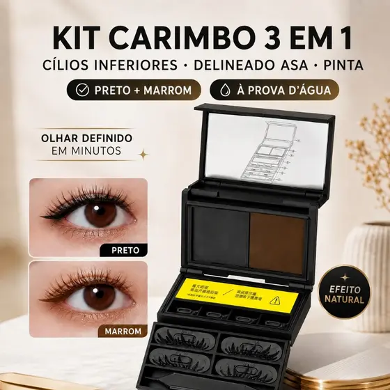 Kit Carimbo Delineador 3 em 1 para Olhos, Cílios Inferiores + Asa + Pinta, Preto/Marrom, À Prova d’Água