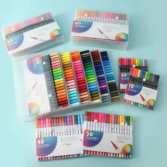 Canetas Brush Lettering 2 em 1 Ponta Fina Dual Pen Kit 24/36/48/60/80 Cores Desenho